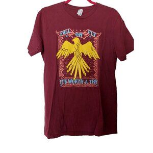 Fall Or Fly Graphic T-Shirt By Canvas Unisex M Maroon 100% Cotton Short Sleeve C